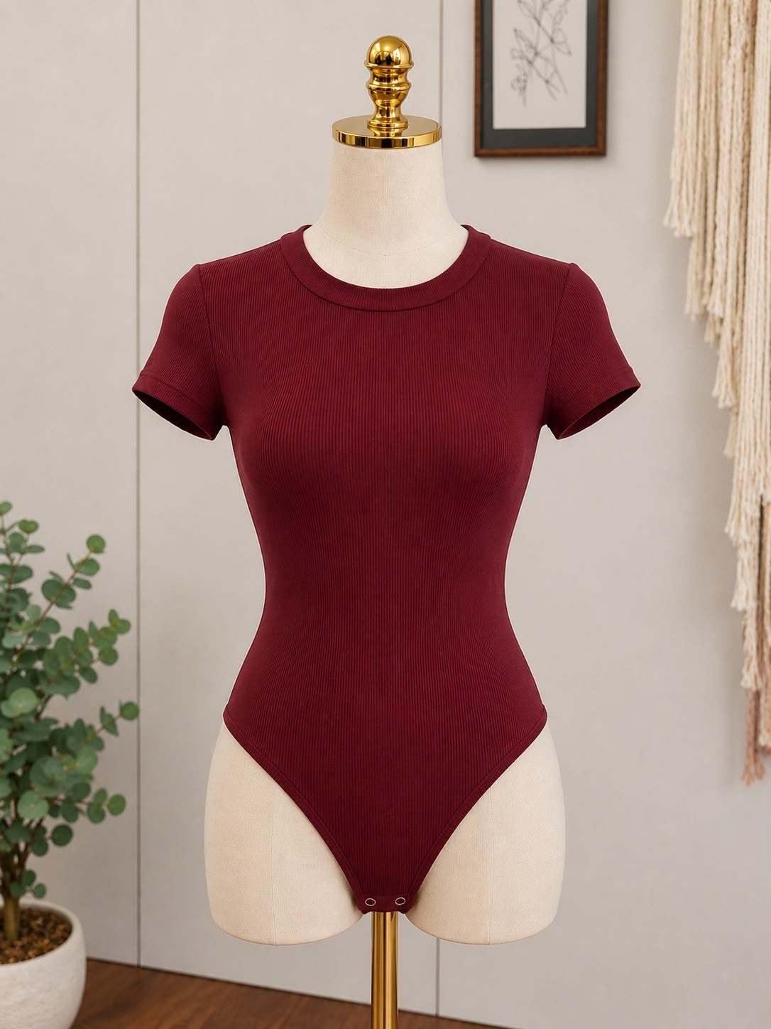 Women’s Ribbed Bodysuit Crew Neck Short Sleeve Stretch Slim Fit Basic Top