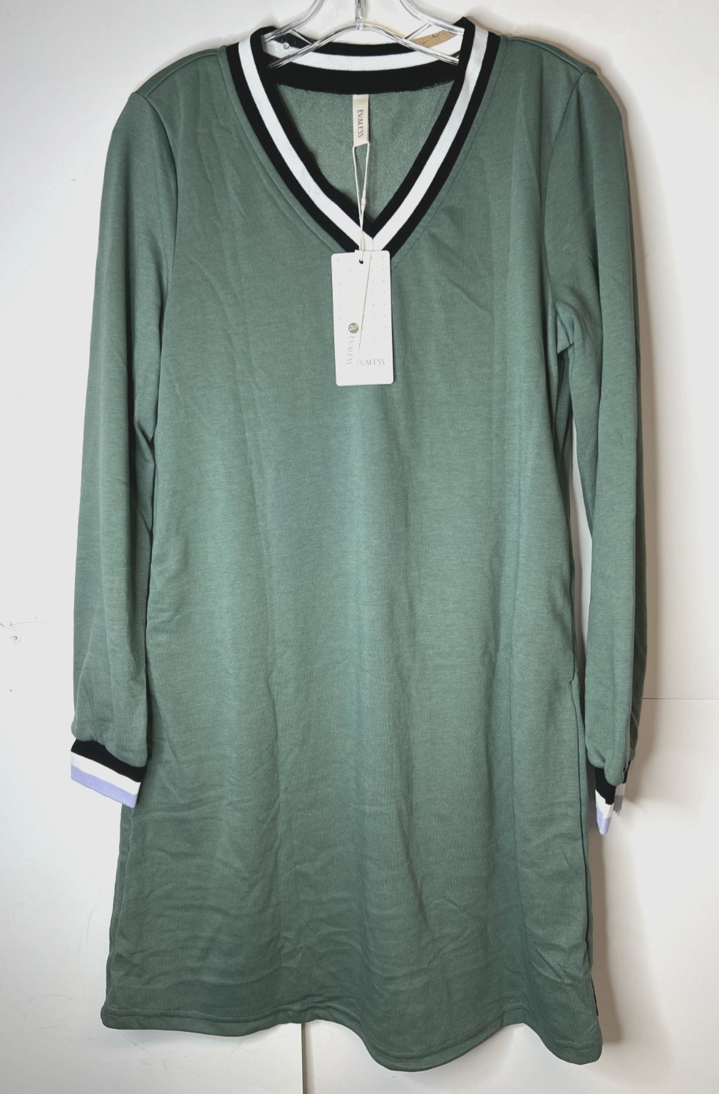 Evaless Womens Size Small Green Sweatshirt Dress Black White Stripe Contrast NWT