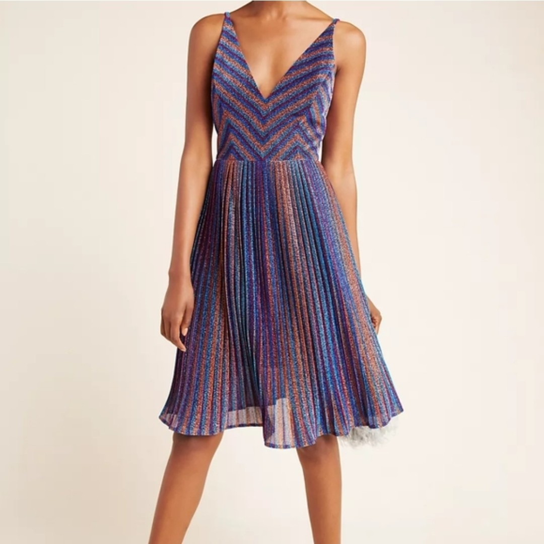 Dress the Population Haley Metallic Pleated Dress Women M Multicolor Retro Disco
