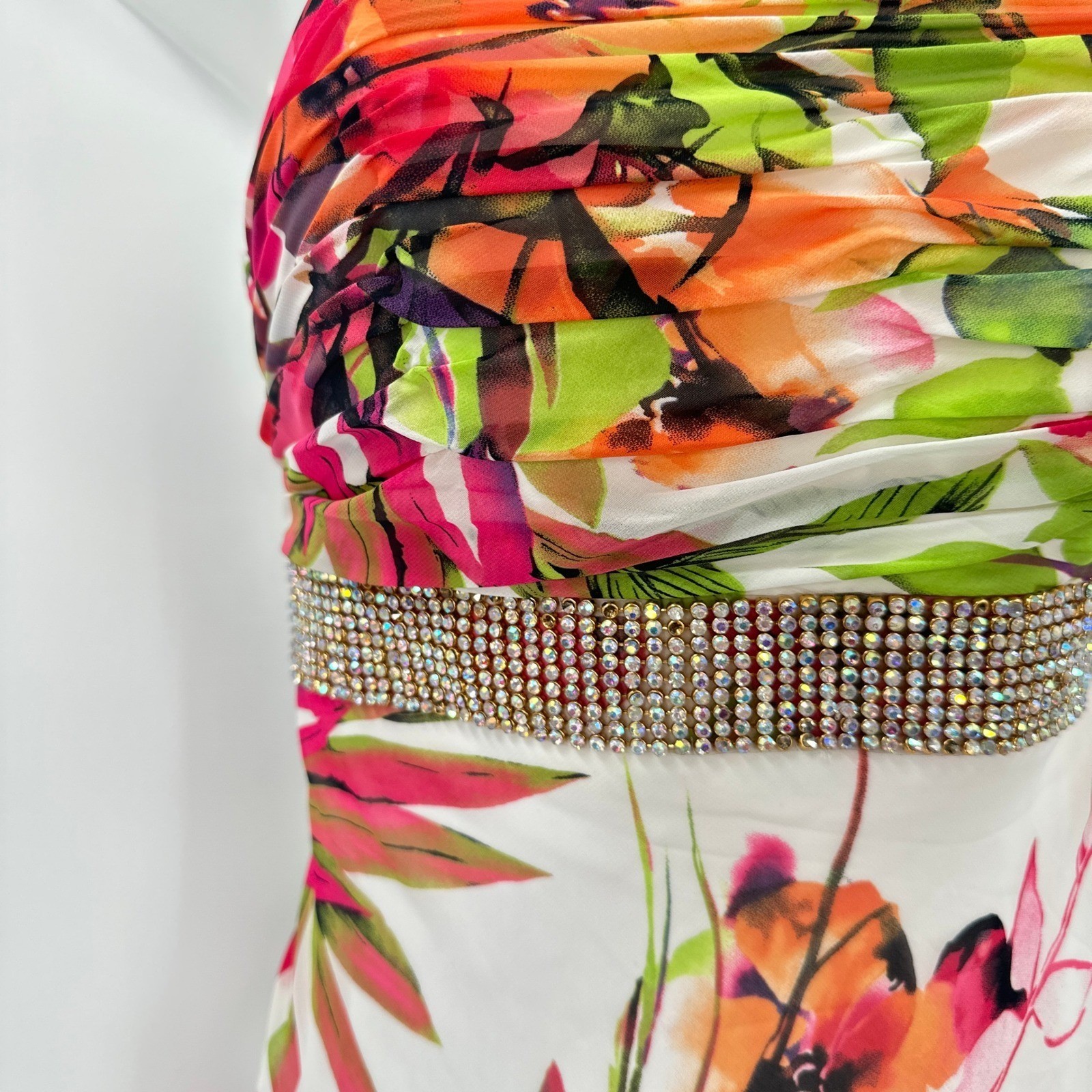 Cache Strapless Floral Print Maxi Dress size 2 Embellished Rhinestone Waist *