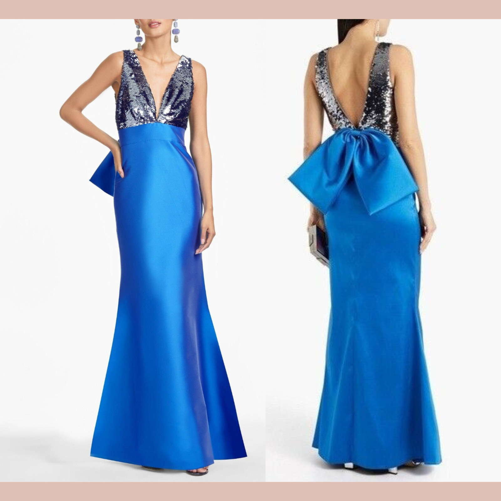 NWT SACHIN BABI [ 12 ] Topanga Sleeveless Sequin Bow Back Gown Blue Silver J1953