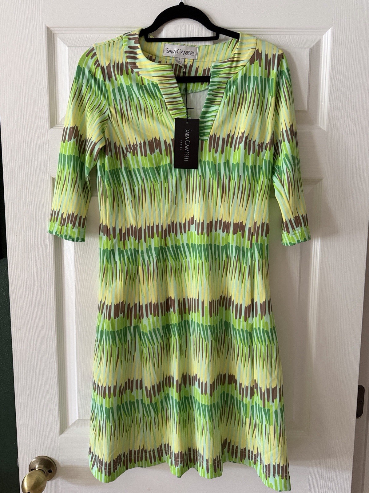 Sara Campbell Abstract Knit Shift Dress Green Yellow Brown V-Neck 3/4 Sleeve S