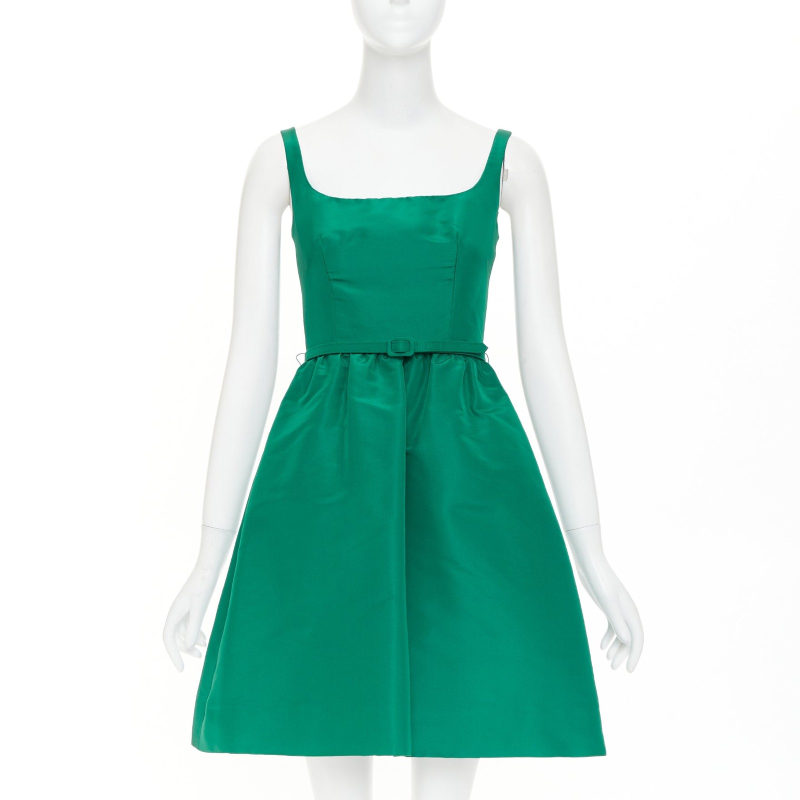 OSCAR DE LA RENTA 2017 green silk faille square neck belted flare dress IT40 S