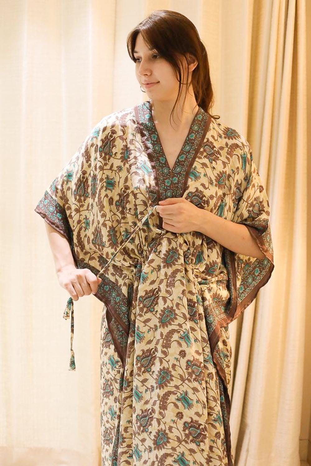 Handmade Silk Beige Long Kaftan / Upcycled Free Size Dressing Gown PS MFN1002