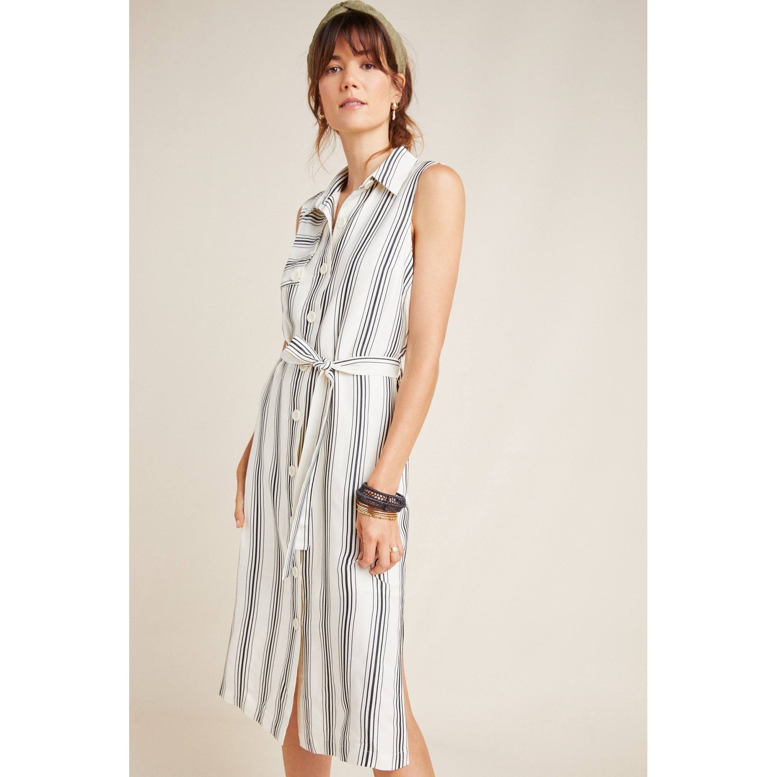 Maeve Anthropologie Esther Ivory Black Striped Sleeveless Belted Shirt Dress 12