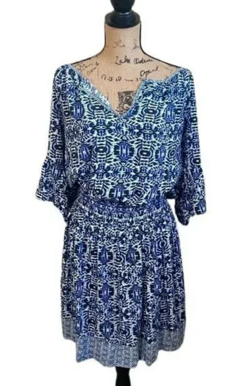 Michael Stars Katelyn Blouson Dress Women Sz 1X Blue Smocked Flared Sleeve NEW