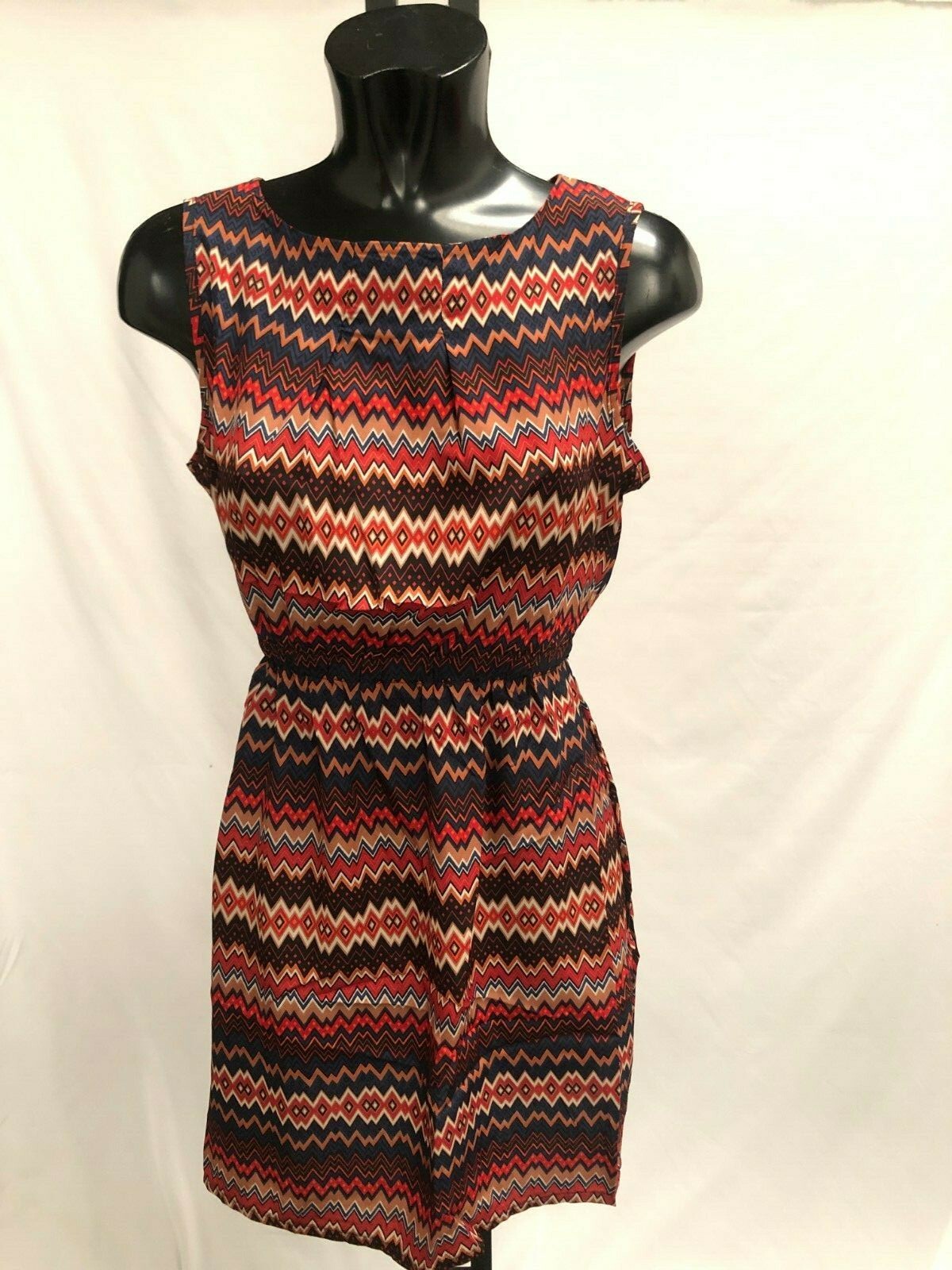 Ladies Dress Red Blue Brown Cream Zig Zag Sleeveless Summer Dress S M L