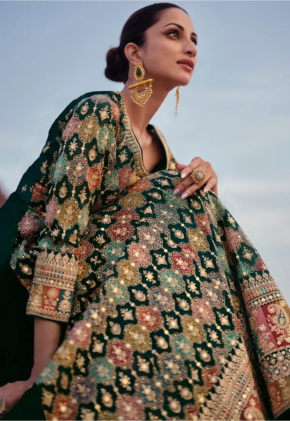 Embroidered Georgette Gown in Dark Teal Green Made in India perfect for weddings
