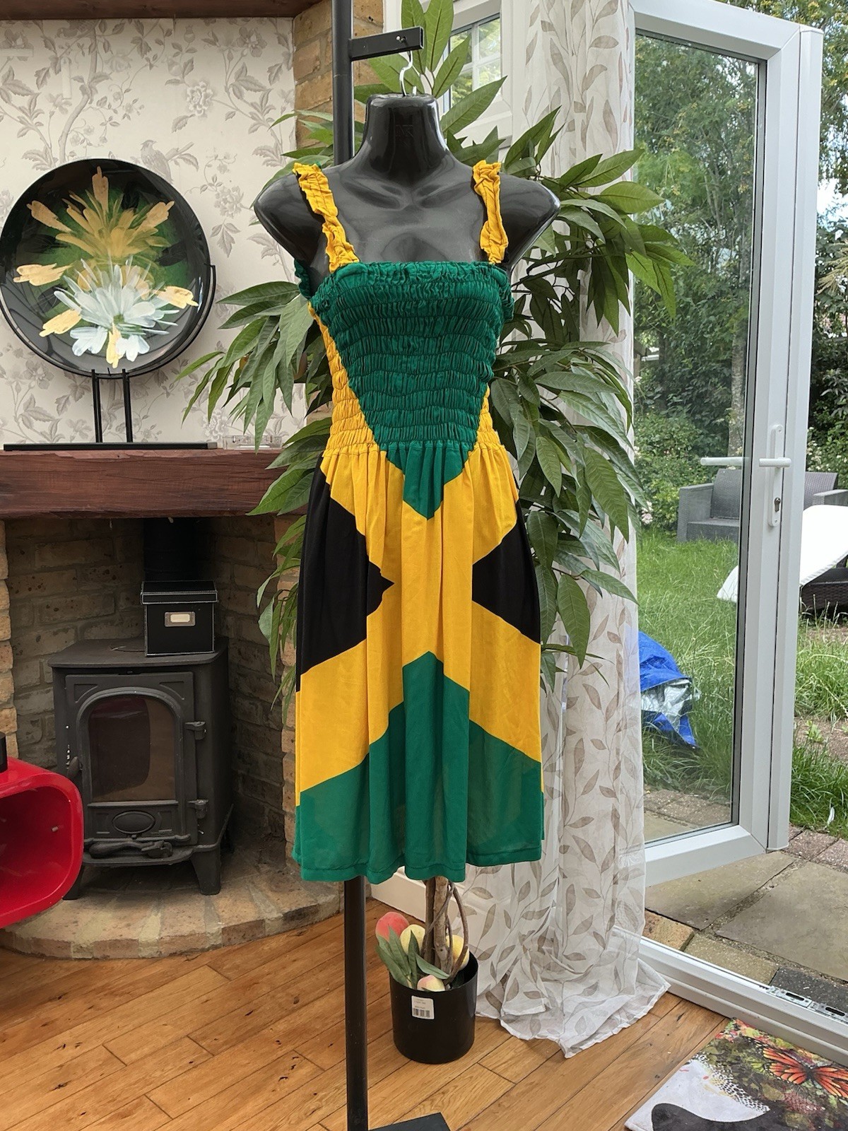 NEW, HANDMADE, JAMAICAN FLAG COLOUR PRINT, ELASTICATED MAXI DRESS. Size 10-12