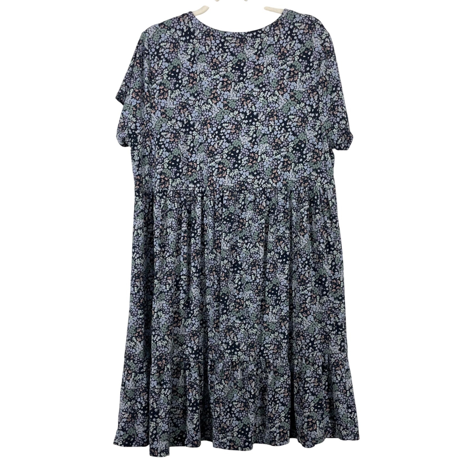 J. Jill Size XL Tiered Button Front Dress Navy Blue Floral Knit Cotton Blend