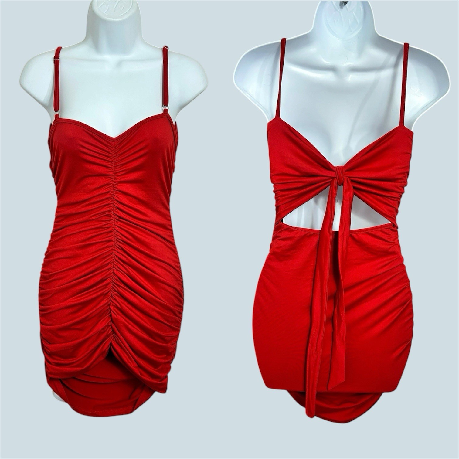 Red Ruched Mini Dress Sz Small Sleeveless Stretch Fitted Party Semi Open Back