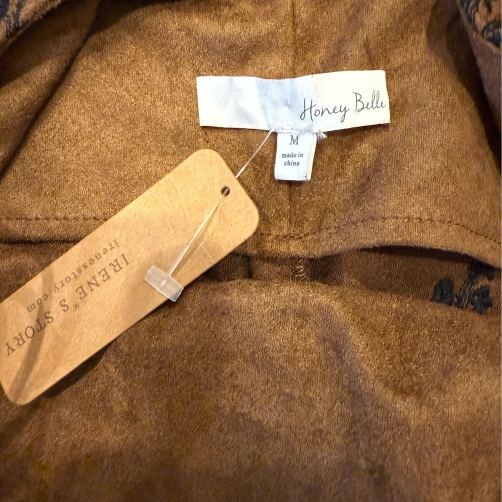 Honey Belle Mini Brown Suede Dress with Black Floral Accents Women’s Size M. NWT