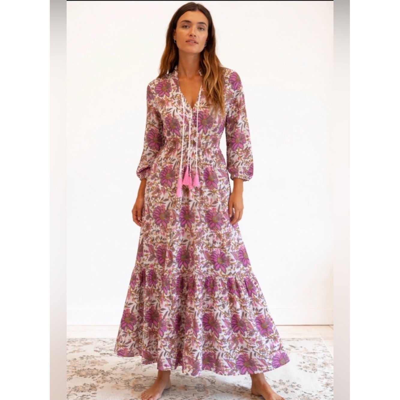 Mille Resort Floral Pink Tie-Front Tiered Maxi Dress with Tassel Size 2/XXS