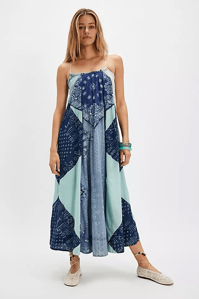 NWT Free People Womens Patchwork Halter Happy Days Maxi Dress Indigo Combo M/L