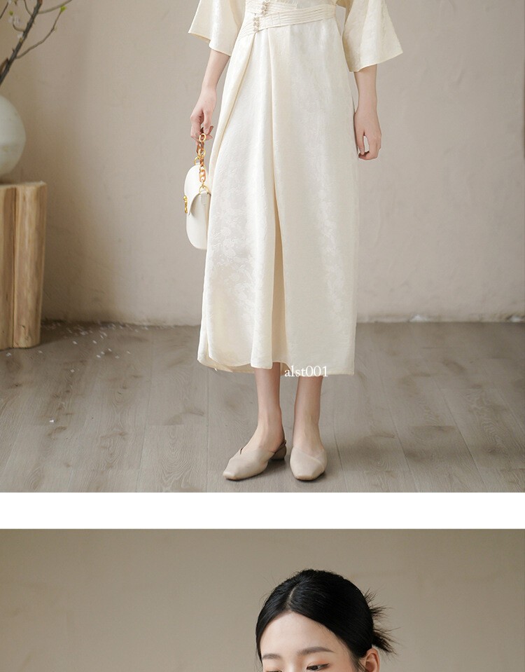 Retro Chinese Style Zen Design Womens Stand Collar 3/4 Sleeve Long Dresses Qipao