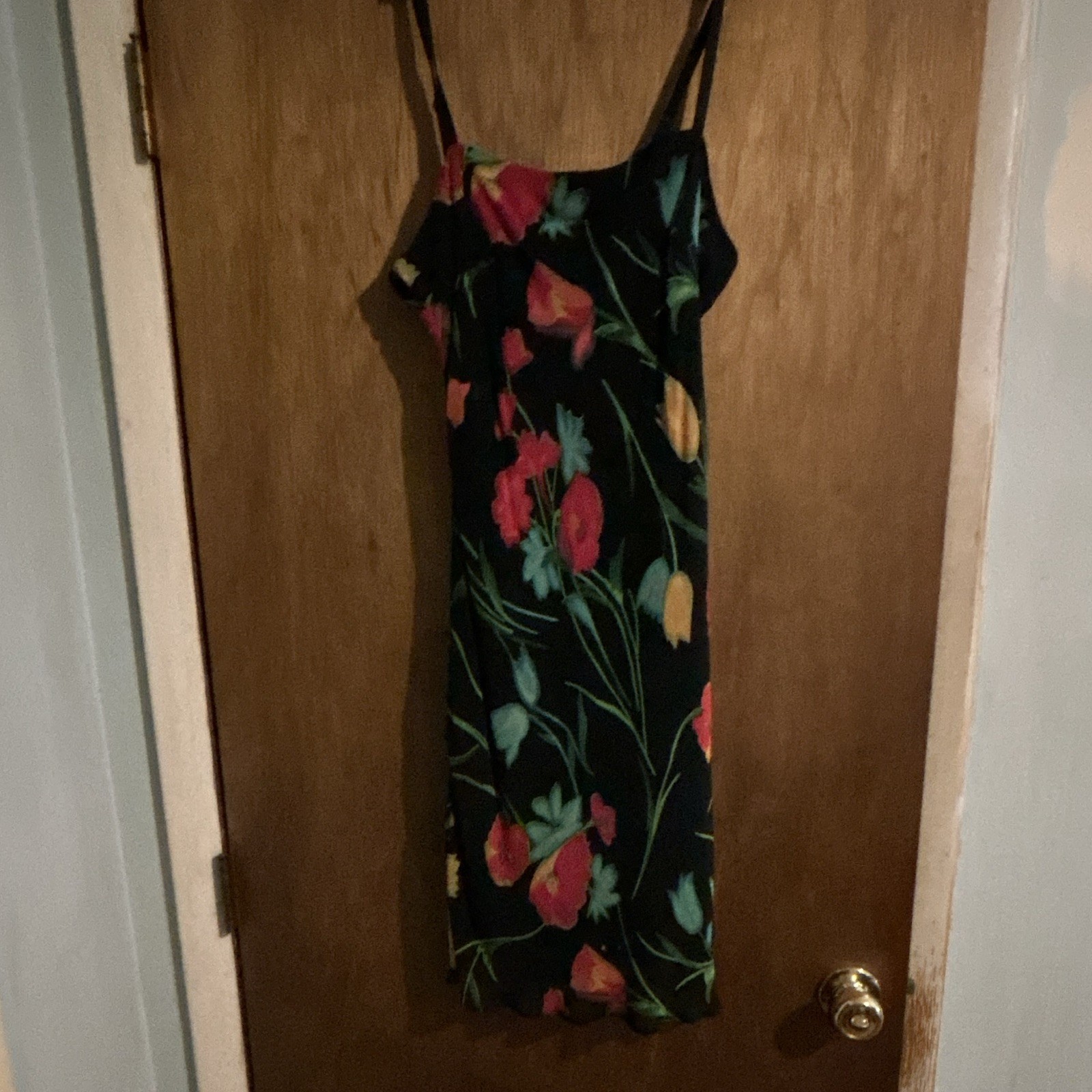 Hugo Buscati Black Floral Satin Slip Dress Spaghetti Straps Square Neck 6