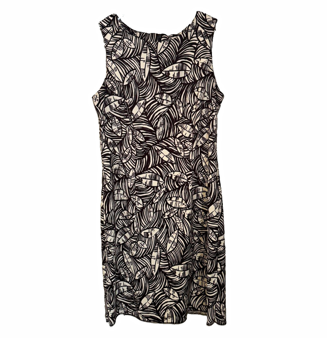 DRESSBARN Sheath Dress Brown White Abstract Scoop Neck Size 10 Tropical Leaves