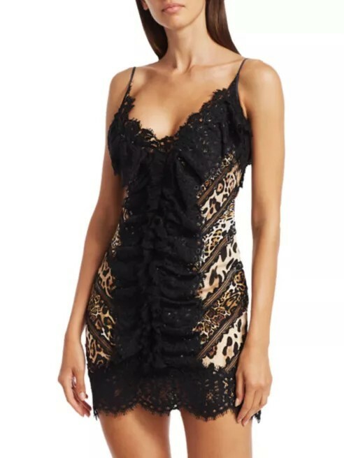 AMEN Lace Animal-Print Silk V-Neck Spaghetti Strap Slip Mini Dress, IT 38 (US 0)