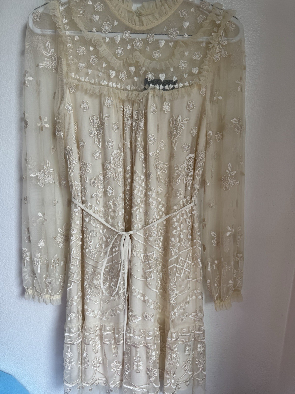 Needle & Thread Tulle Embroidered Floral Long Sleeve Ruffle Mini Dress Size 2