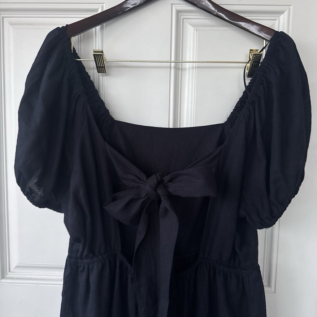 CeCe Blue Linen Rayon Solid Square Neck Open Back Tiered Mini Dress Women’s L