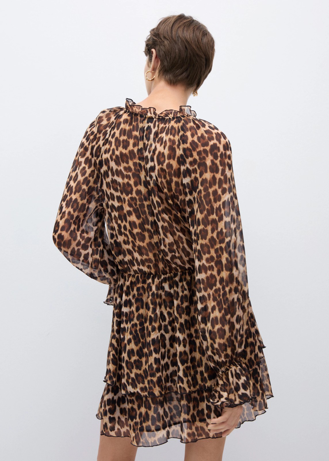 Mango Ruffle Tie Front Floaty Leopard Mini Dress Long Sleeve Brown XS RRP £56