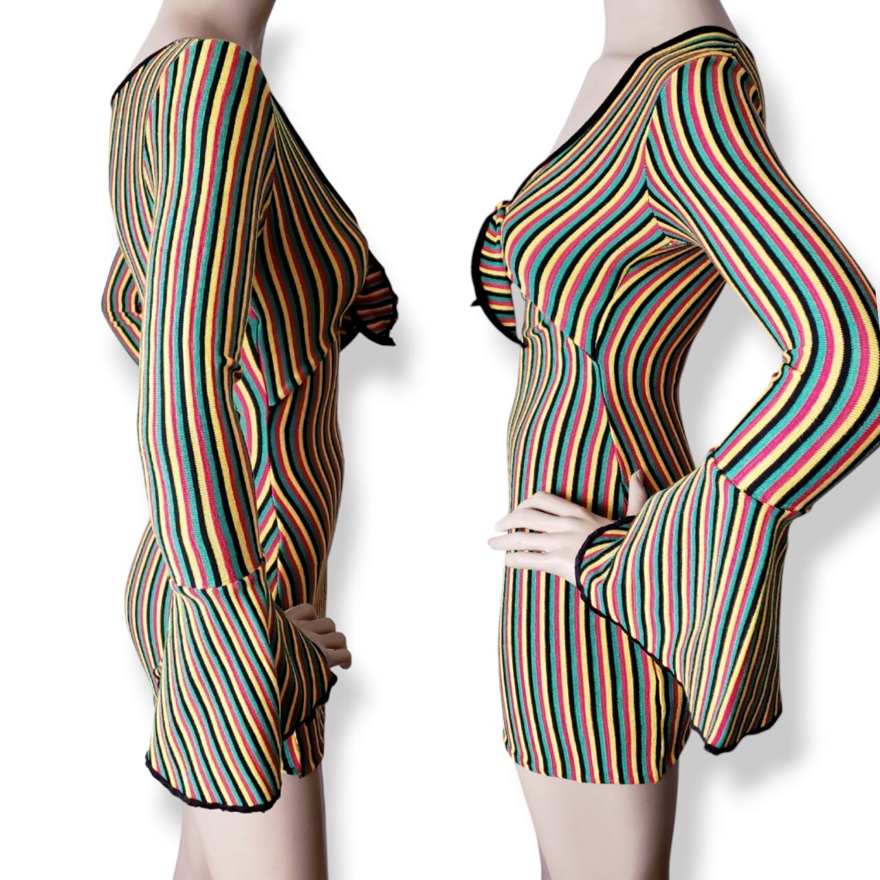 Rasta-Jamaican Colors Size Small Tie Front Bodycon Dress with Bell Sleeves