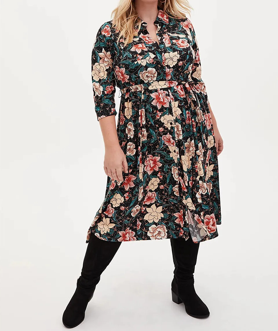 BLACK FLOEAL CHALLIS SELF TIE MINI SHIRT DRESS 1 1X 14 16 #39360