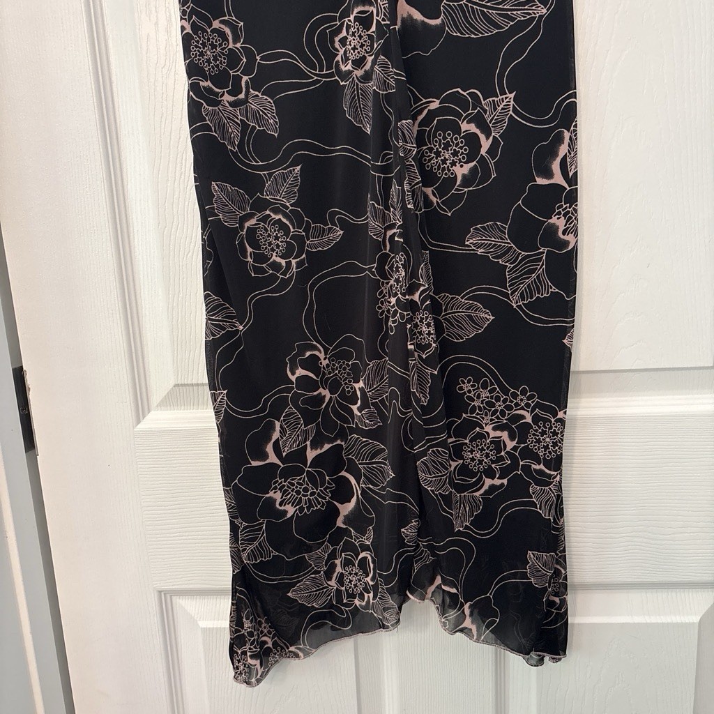 Ruby Rox Black Pink Floral Mesh V-Neck Cap Sleeve Midi Dress Bow Accent M