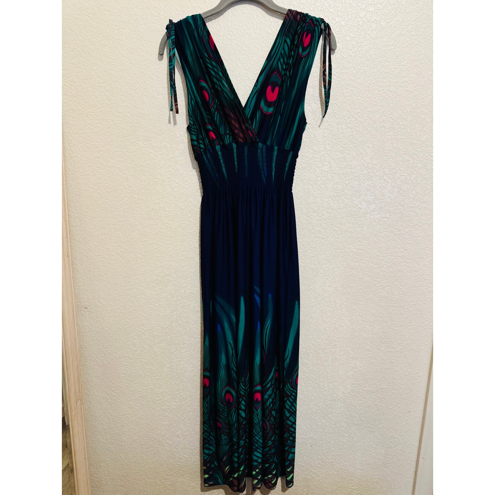 Raya Sun Navy Teal Peacock Feather Maxi Dress Smocked Fairy Whimsigoth Size L