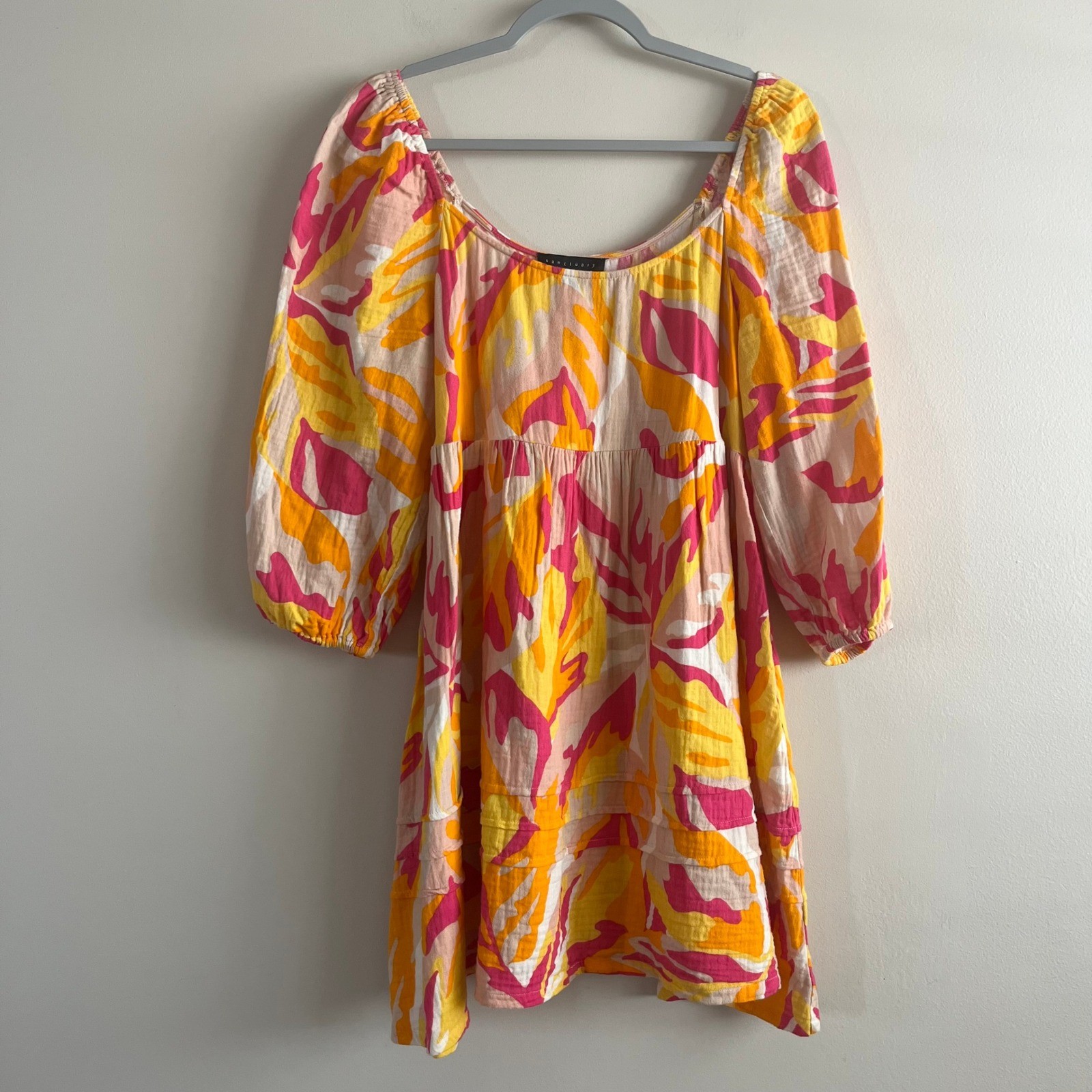 Sanctuary Cotton Gauze Babydoll Mini Dress Puff Sleeve Pink Orange Print Size S