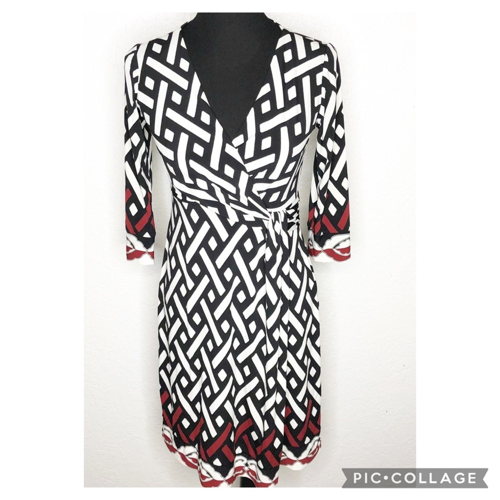 WHBM white black red geometric graphic print dress size 2 classic feminine chic