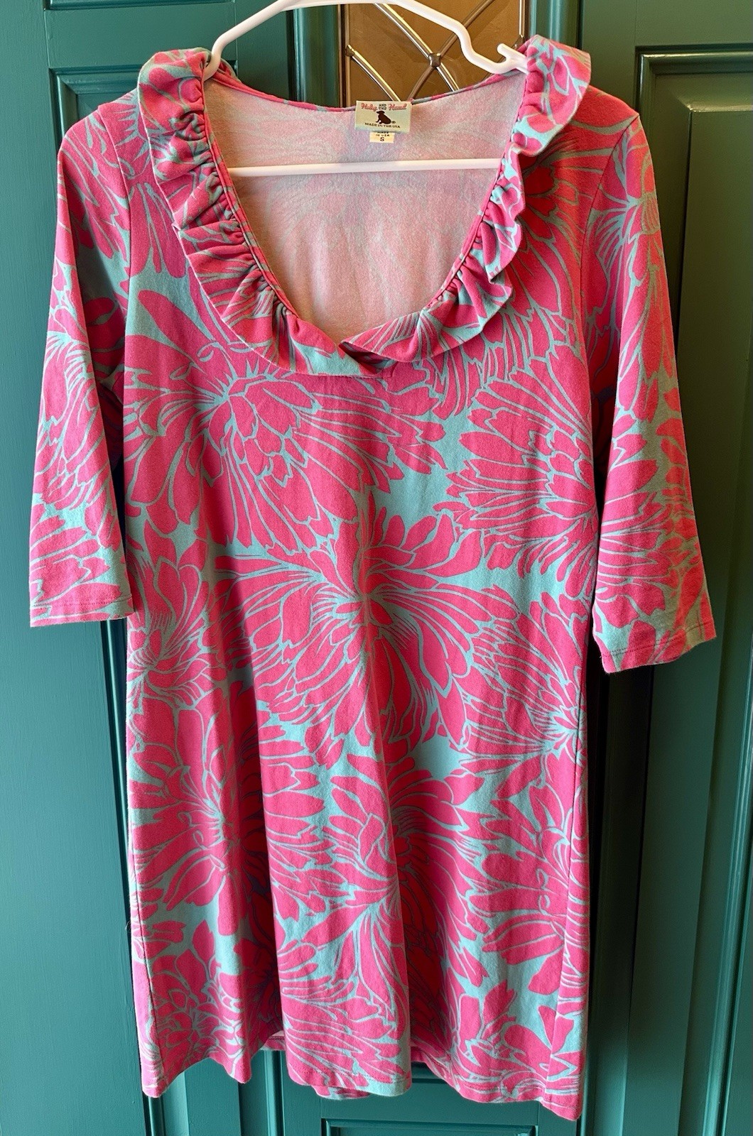 Haley and the Hound Pink Aqua Floral Ruffle Neck Dress Sz S Preppy