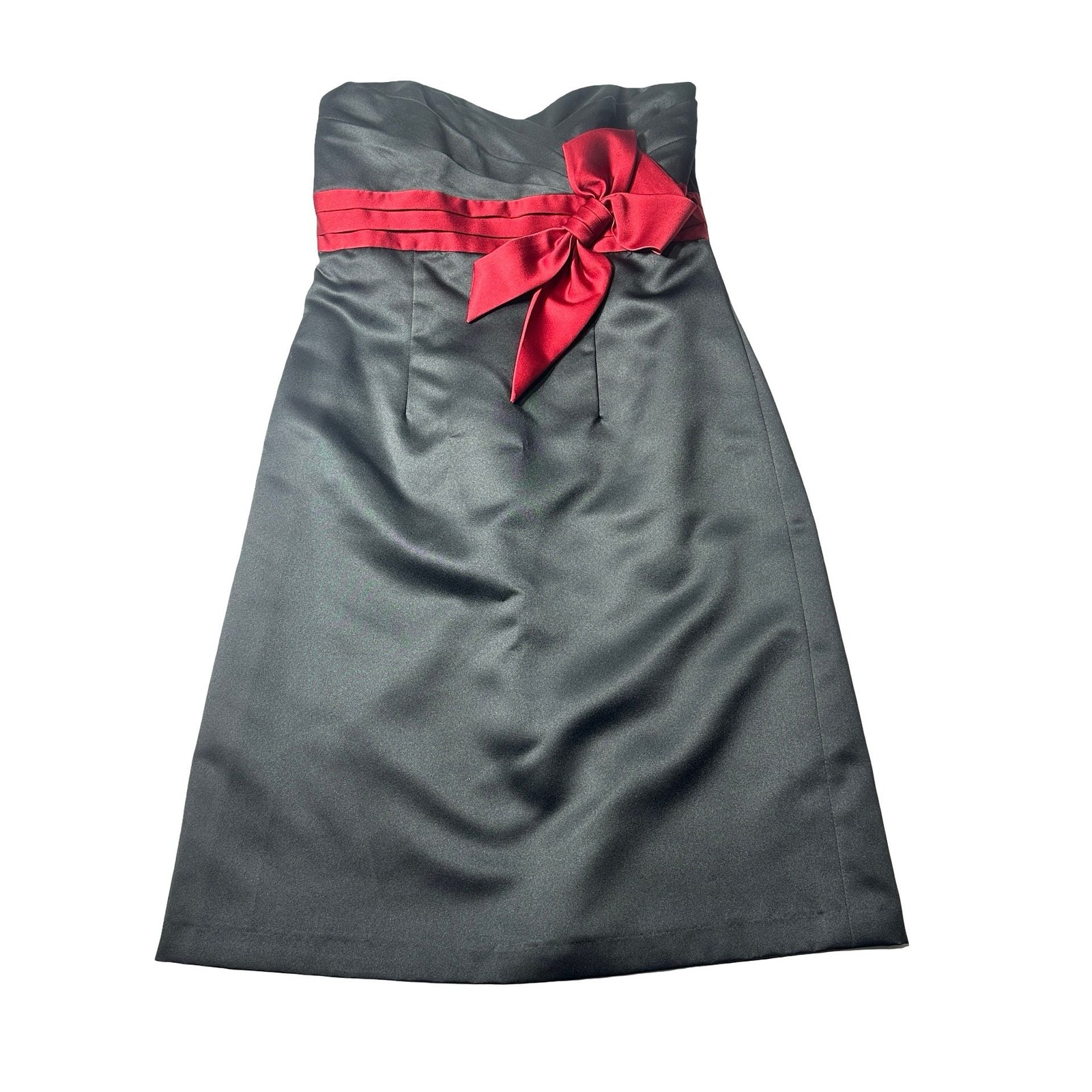 Alfred Angelo Strapless Black Satin Cocktail Dress 8 Red Claret Sash Bow Formal