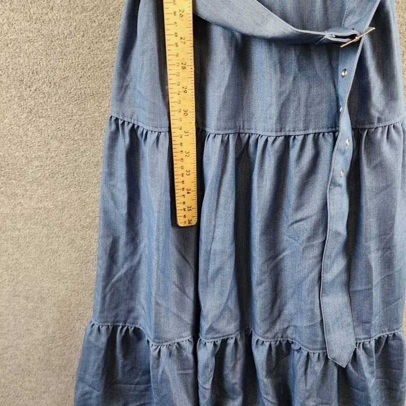 T Tahari Tiered Fit & Flare Halter Maxi Dress Womens M Denim Belted Button Strap