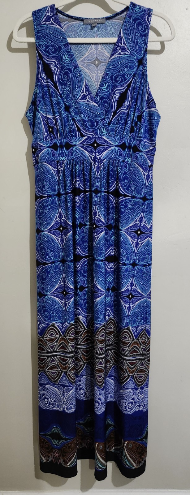 NY Collection Blue Multicolor Boho Paisley Maxi Dress Sleeveless V-Neck L Long