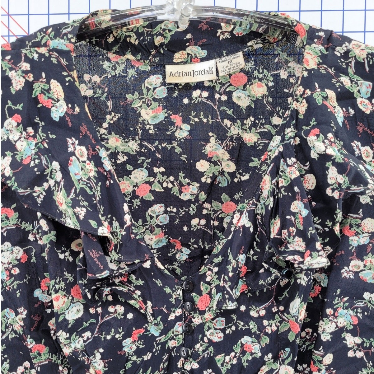 Adrian Jordan Vintage Black Floral Midi Dress Empire Waist Button Front Plus
