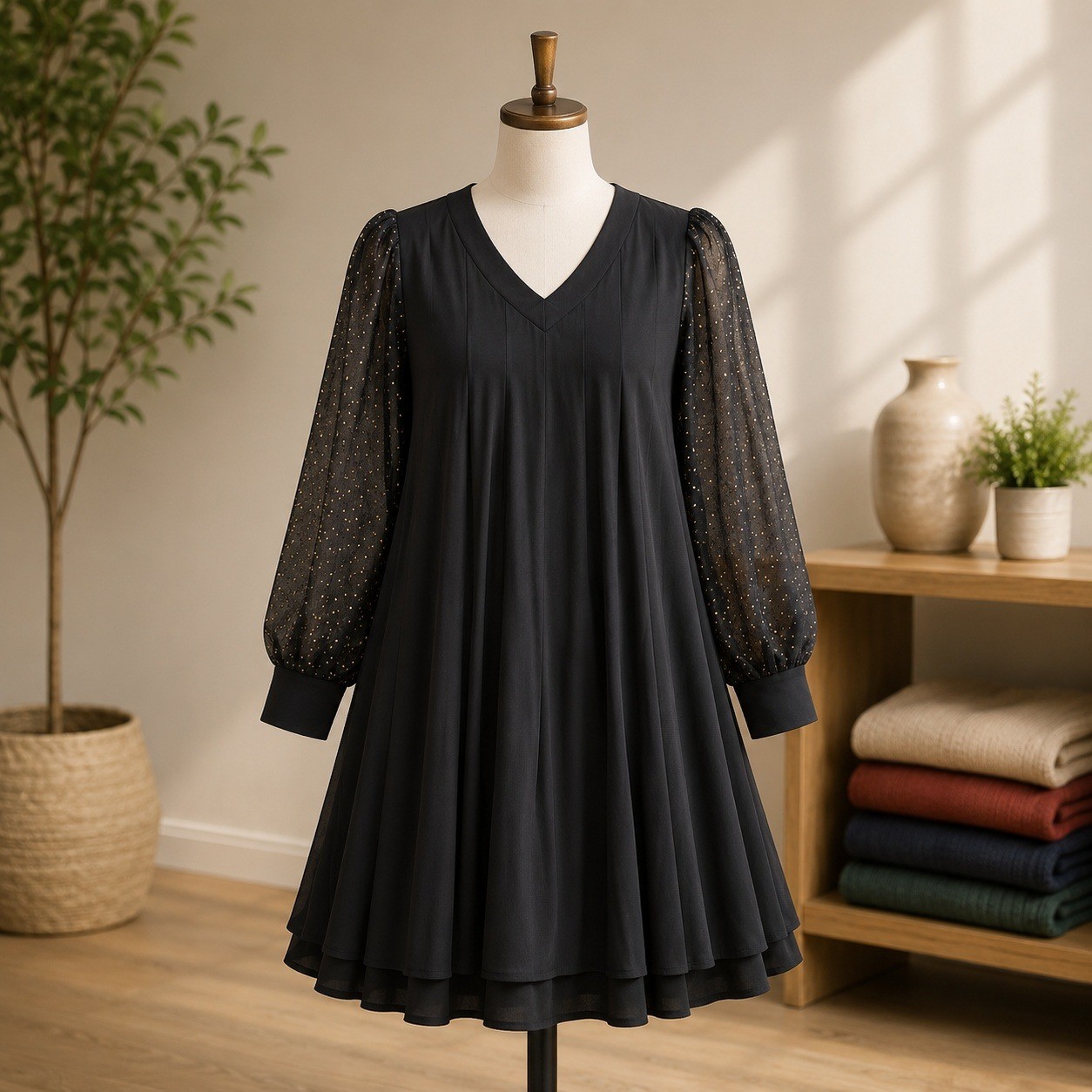 Dennis by Dennis Basso Dress LP Black Gold Metallic Puff Sleeve V-Neck 2332
