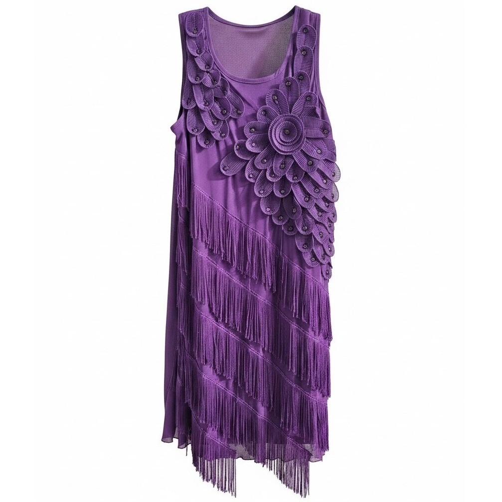 Vintage Fringe Dress Women Purple 3D Flower Rhinestone Flapper Party Gatsby