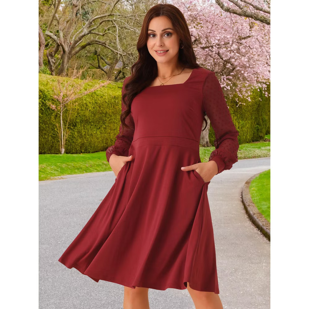 Seta T Women Long Sleeve Swiss Dots Square Neck Knee Length Elegant