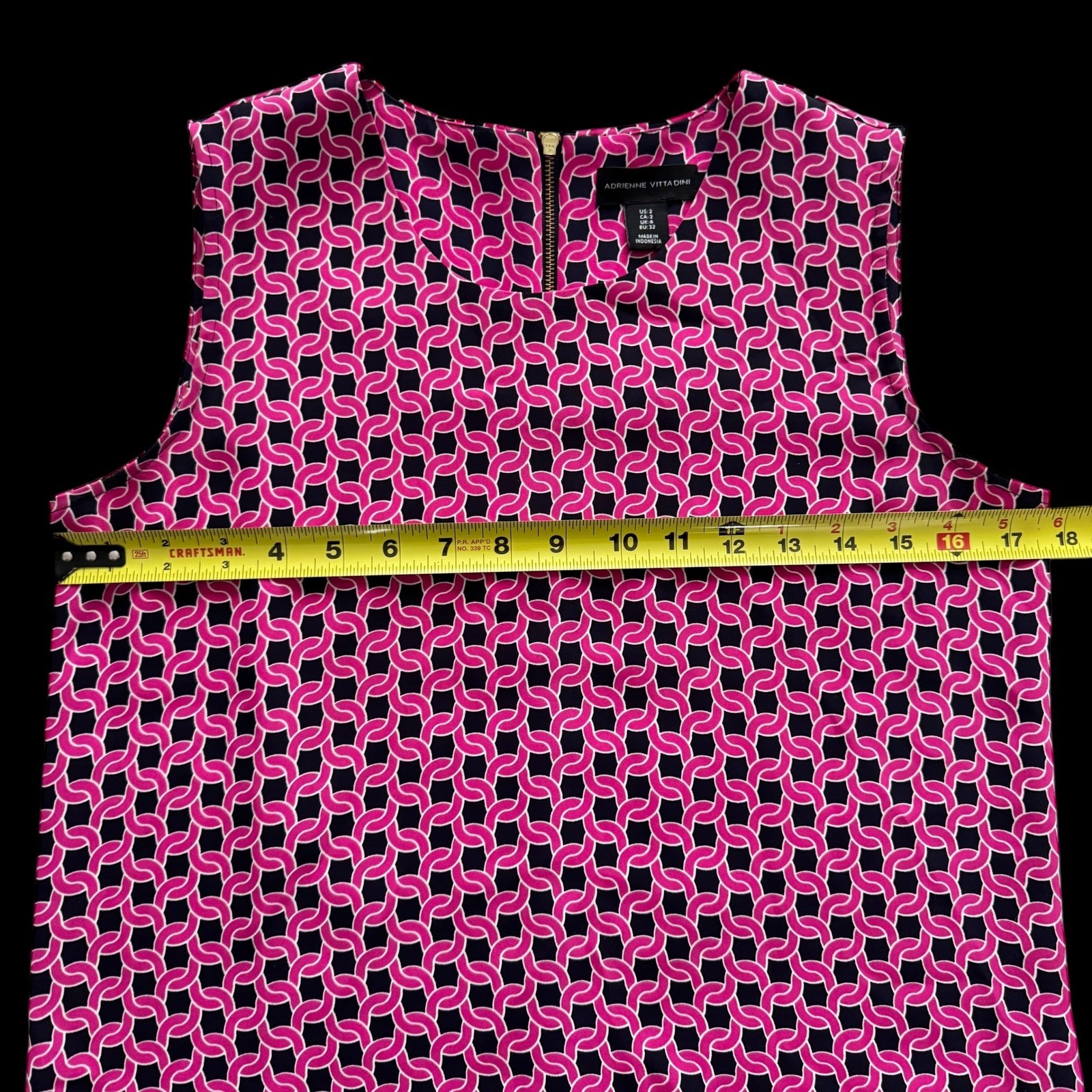 Adrienne Vittadini Geometric Print shift Dress Pink Navy Sleeveless sz 2 office