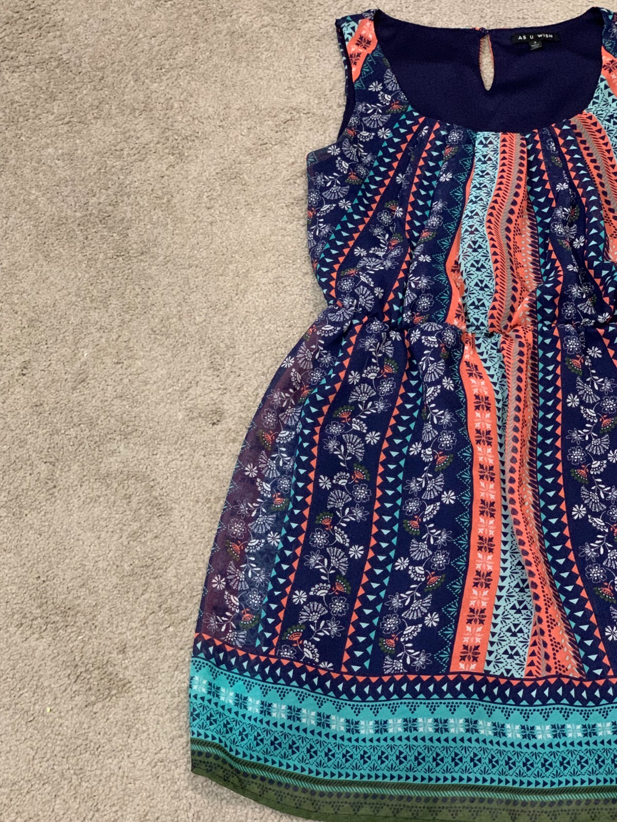 As U Wish Dress Womens Size Small Boho pattern Sleeveless Fit Flare Keyhole back