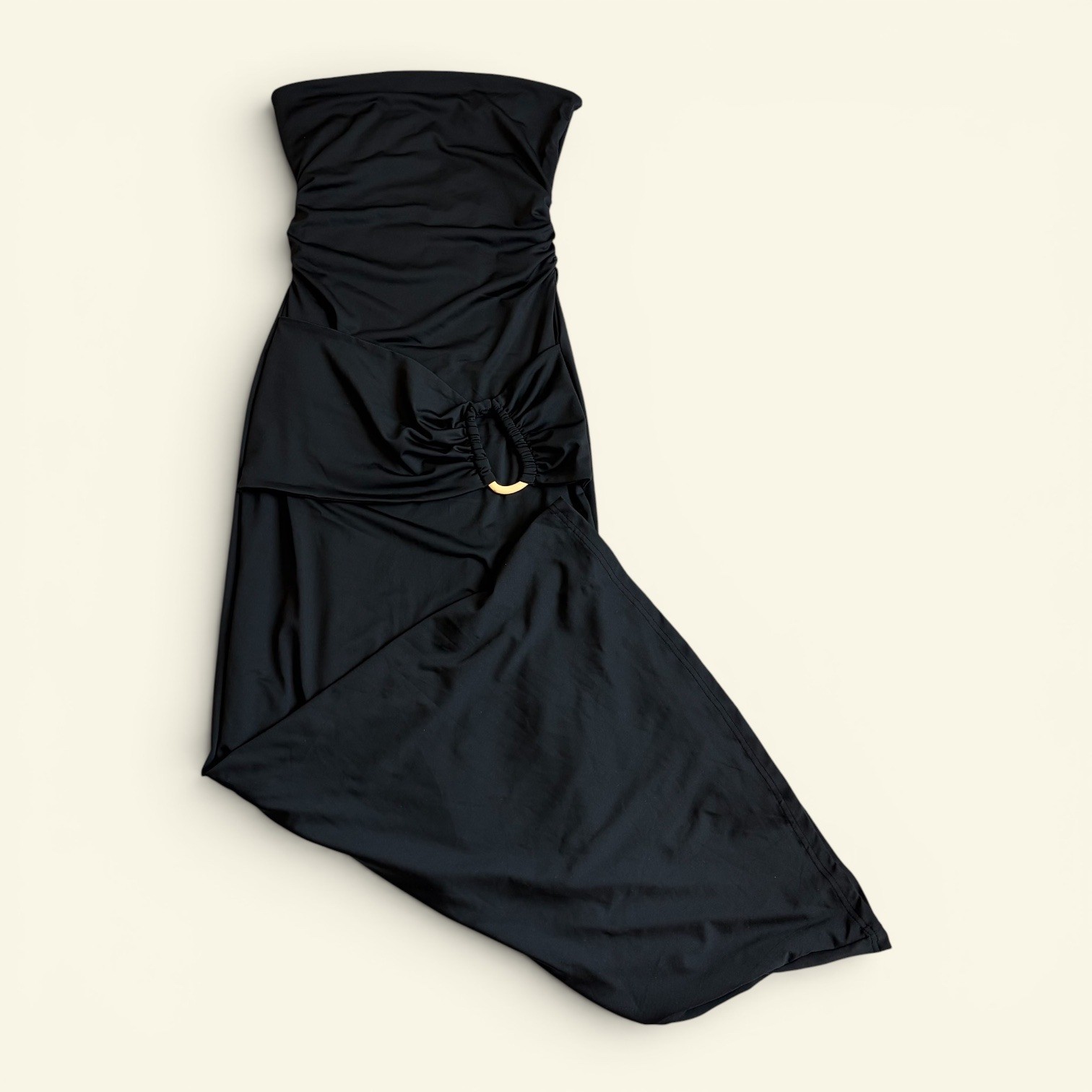NWT Peppermayo Black Metal Heart Strapless Maxi Dress Ruched Gold Ring Y2K US 6