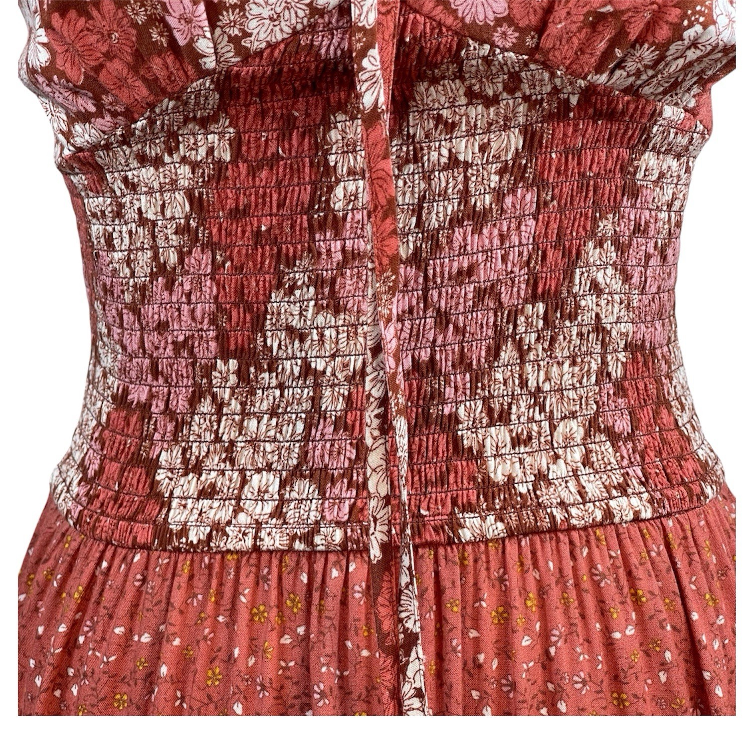 Floral Maxi SunDress Smocked Rust Orange Tiered Dress Cottagecore Boho Chic, S