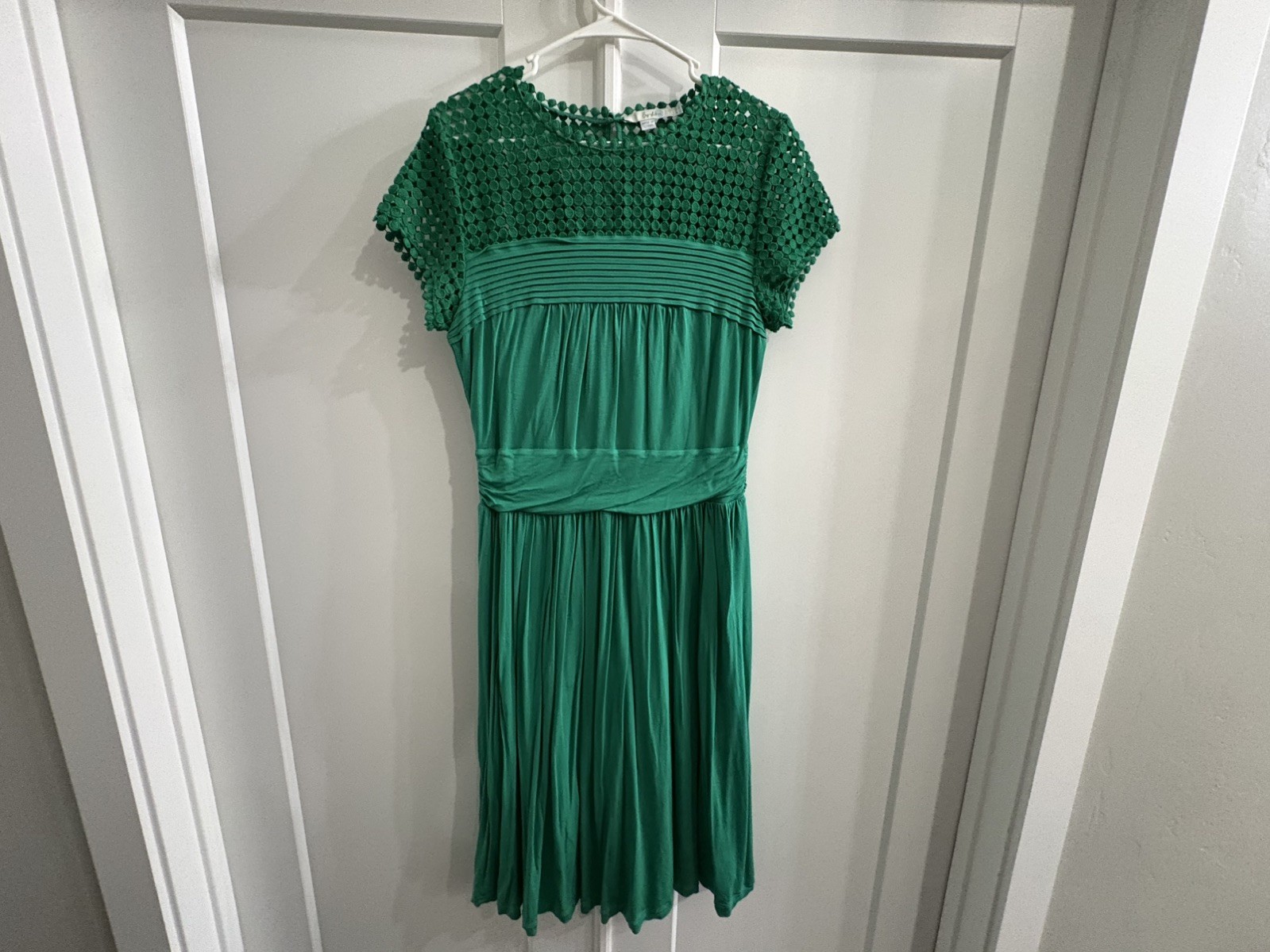 Boden Angeline Dress 12L Green Short Sleeve Jersey Crochet USED
