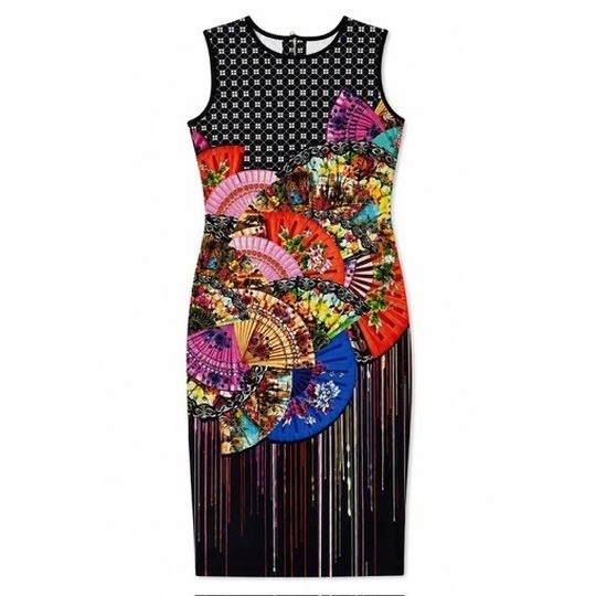 Clover Canyon Womens Small Fan Print Sheath Dress Open Back Scuba NWOT USA