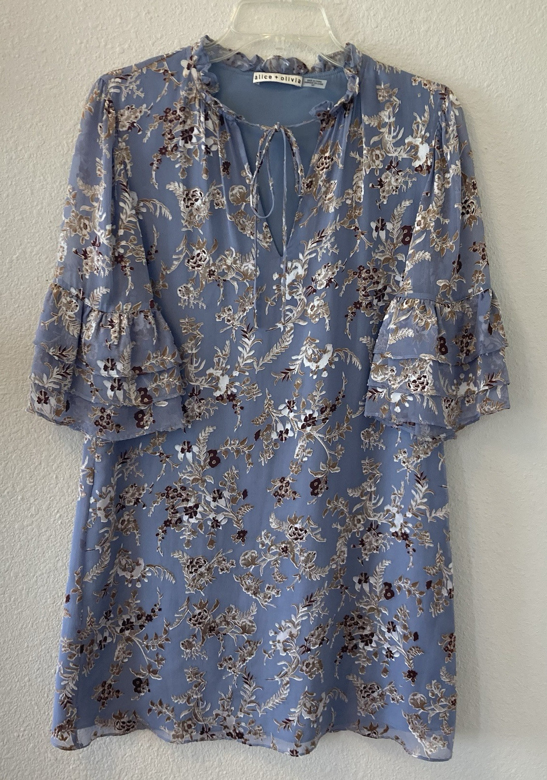 Alice + Olivia Dress Size Sm Blue Burnout Velvet Silk Blend Babydoll Fairy Witch