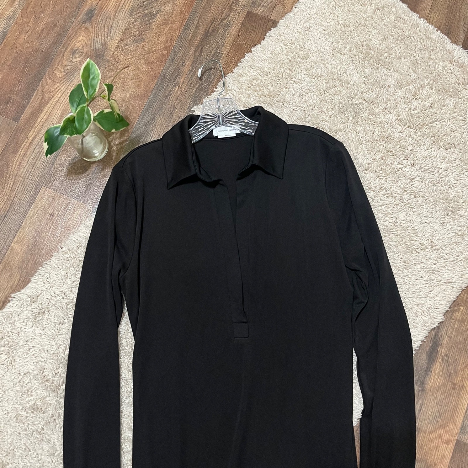 Lovers and Friends Large Black Split Neckline Long Sleeve James Mini Shirt Dress
