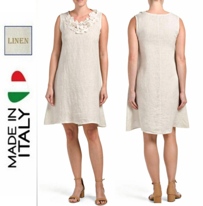 Rosemarine 100% Linen 3-D Embroidered Flowers Faux Pearl A-Line Dress in Fango M