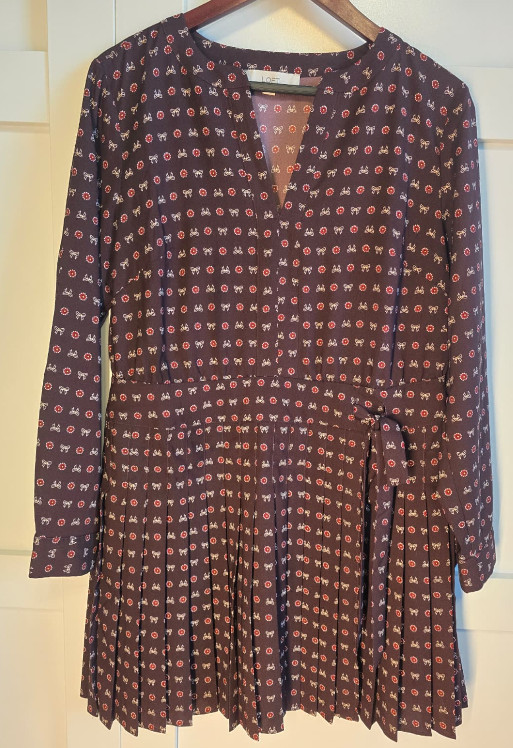 LOFT Womens 10 Burgundy Pleated Dress Long Sleeve Bow Print Tie Waist Mini