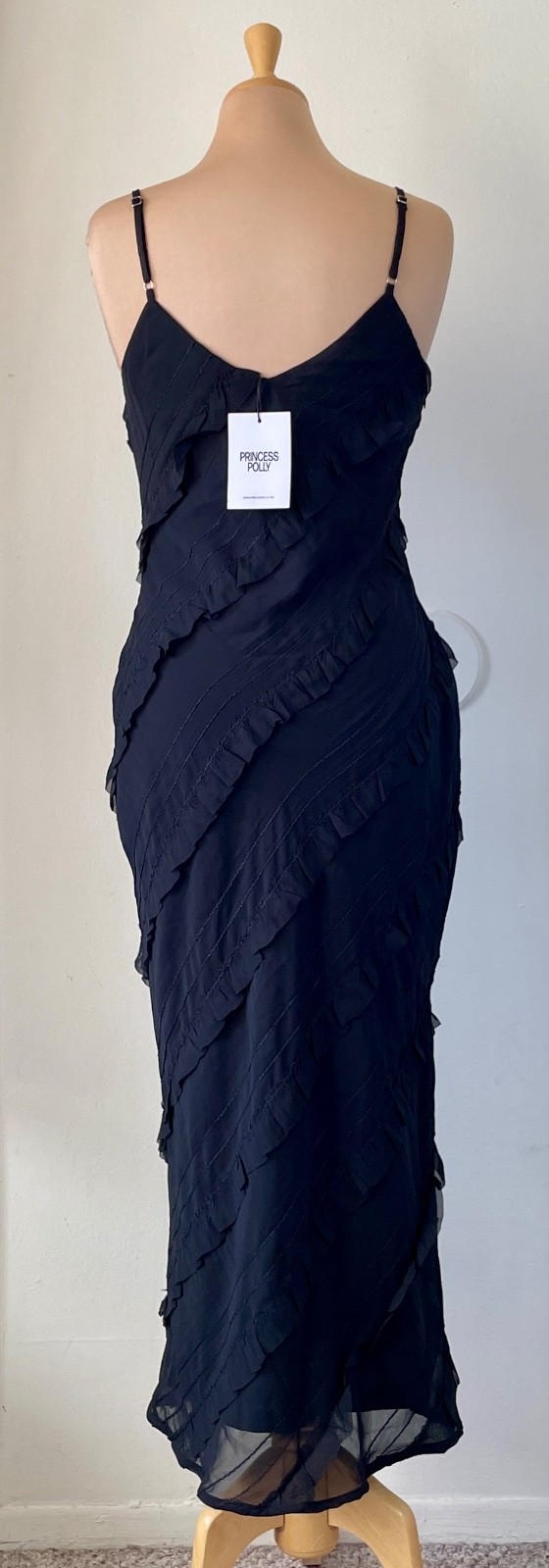 Princess Polly Size 4 Lars Solid Black Maxi Dress Ruffle Trim NWT